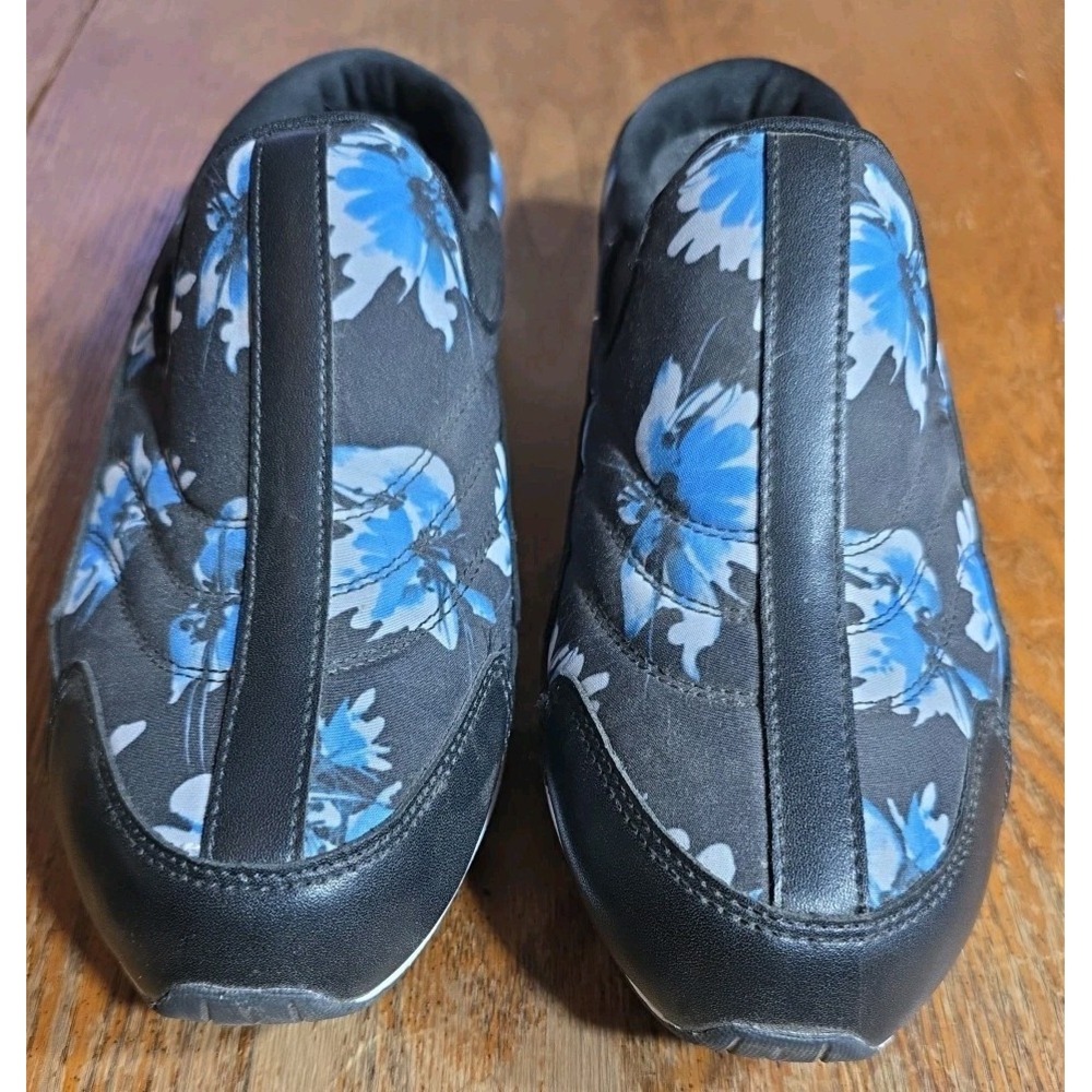 Easy Spirit Floral Clogs Comfort Shoes Women's Sz 12M Black Leather Slip On